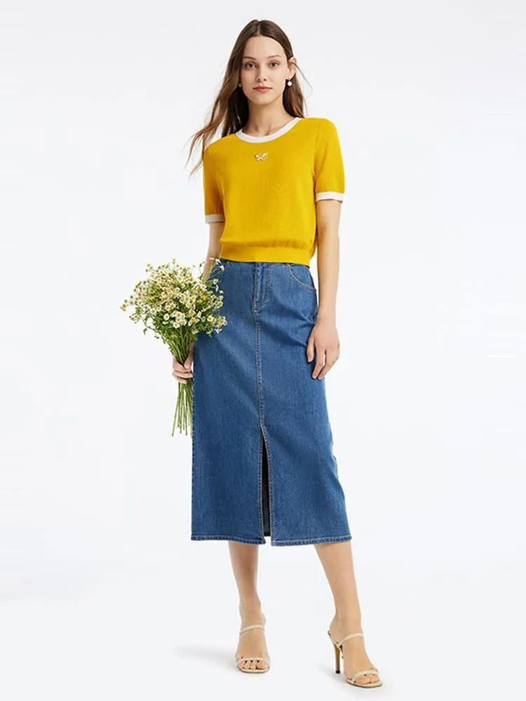 Yellow Round Neck Mulberry Silk Women Knit Top sold by Goelia product image thumbnail 2