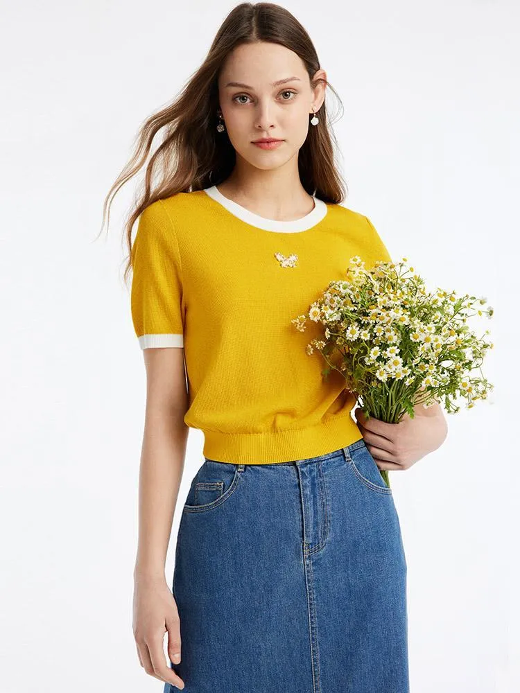 Yellow Round Neck Mulberry Silk Women Knit Top sold by Goelia product image thumbnail 4