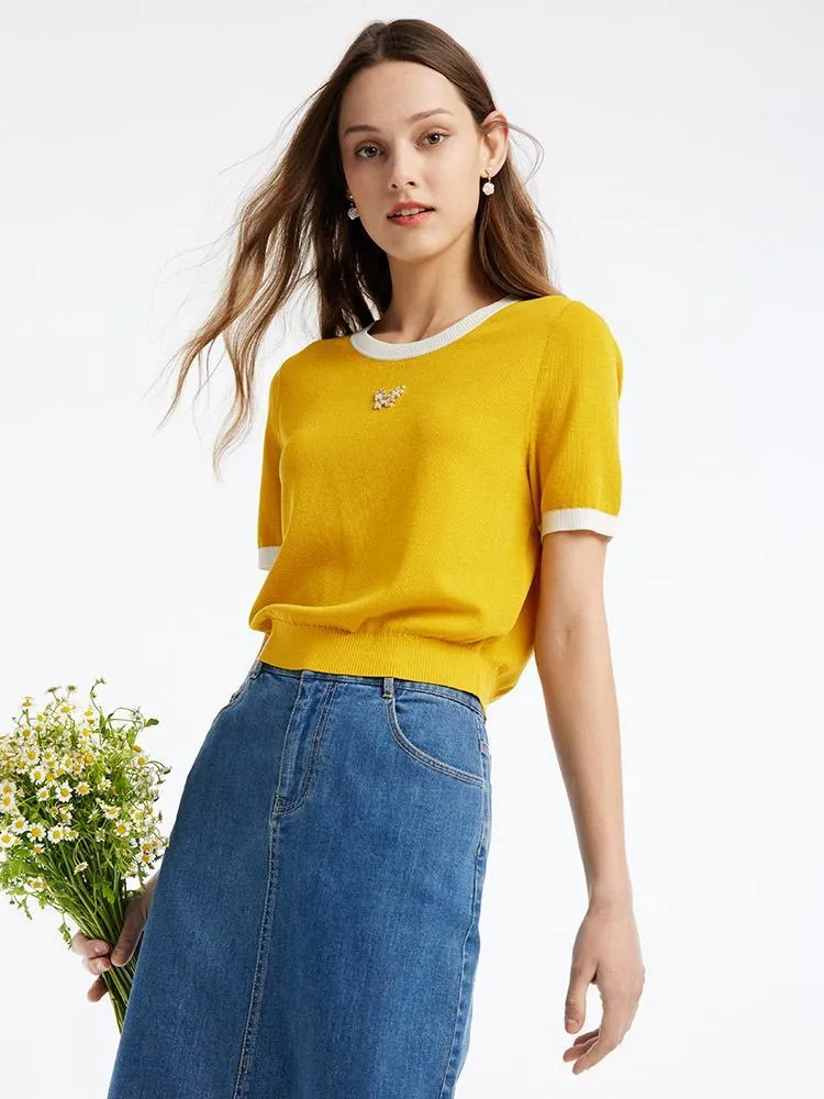 Yellow Round Neck Mulberry Silk Women Knit Top sold by Goelia product image thumbnail 3