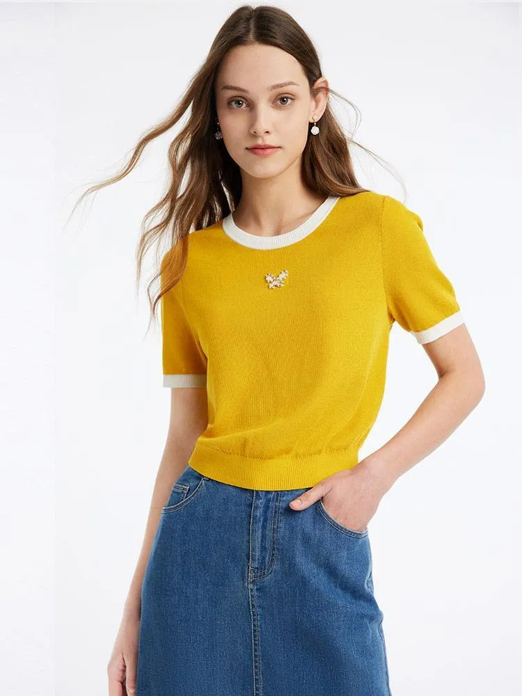 Yellow Round Neck Mulberry Silk Women Knit Top sold by Goelia