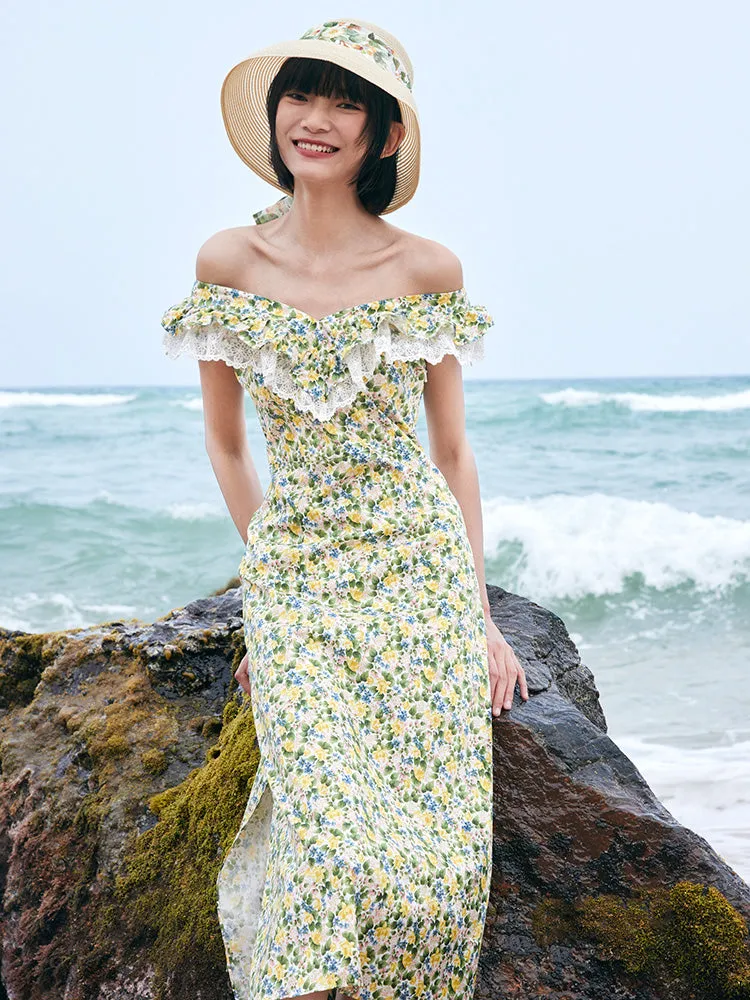 Floral Ruffle Neck Side Split Midi Dress sold by Goelia product image thumbnail 5