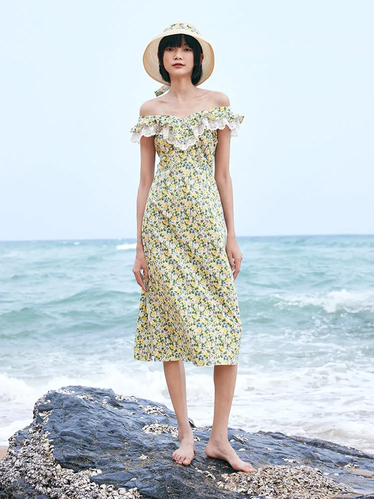 Floral Ruffle Neck Side Split Midi Dress sold by Goelia