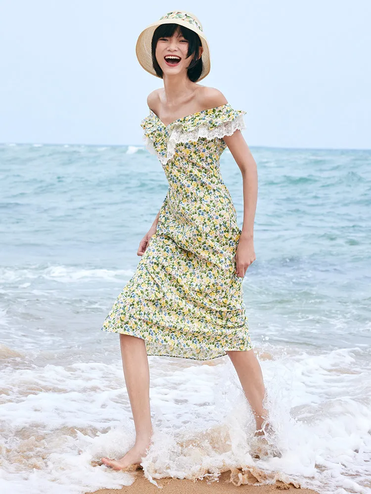 Floral Ruffle Neck Side Split Midi Dress sold by Goelia product image thumbnail 2