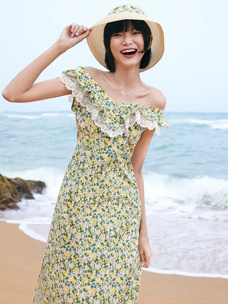 Floral Ruffle Neck Side Split Midi Dress sold by Goelia product image thumbnail 3