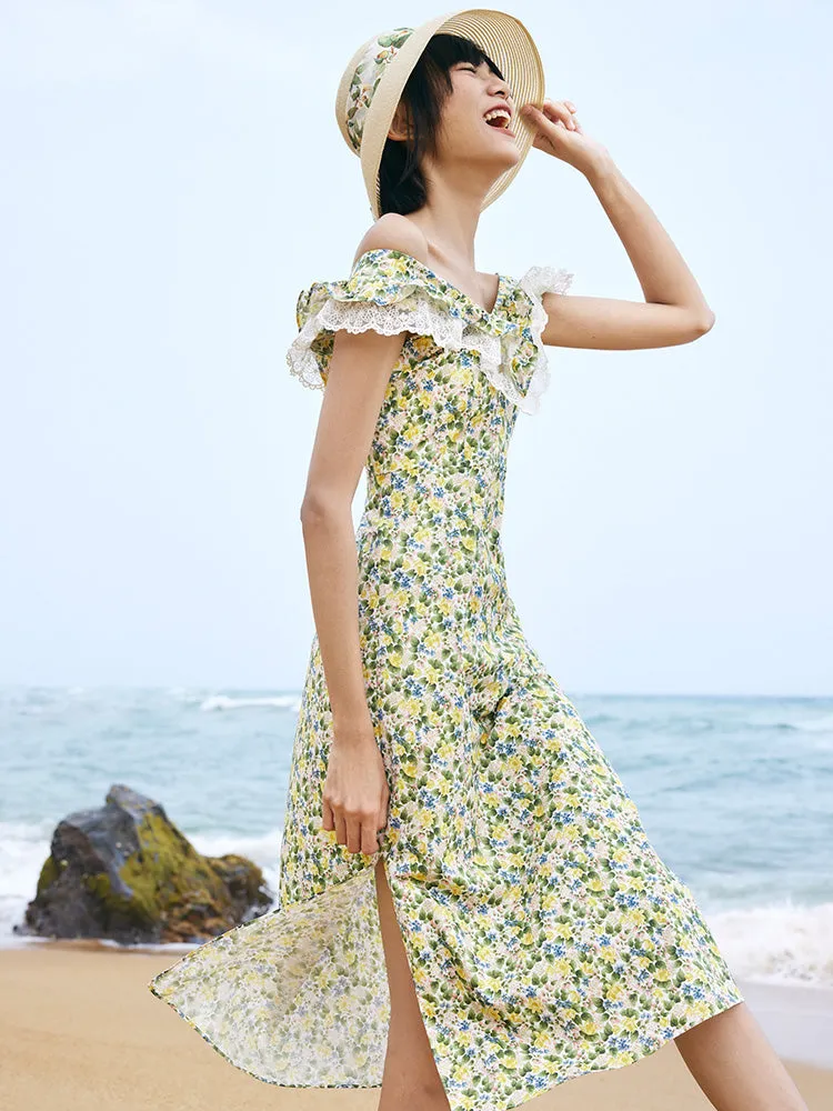 Floral Ruffle Neck Side Split Midi Dress sold by Goelia product image thumbnail 4