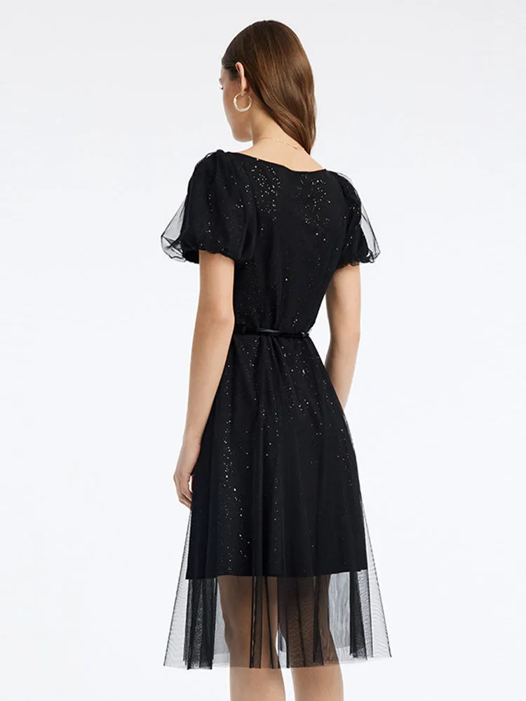 Black V-Neck Mesh Princess Sleeve Midi Dress sold by Goelia product image thumbnail 2