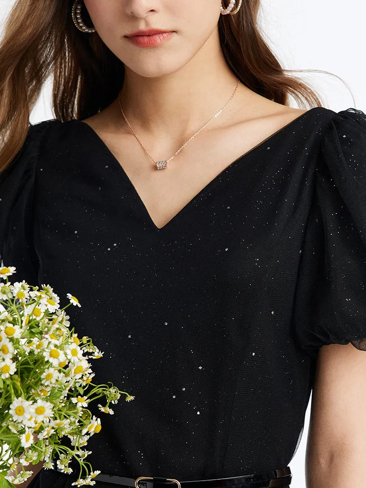 Black V-Neck Mesh Princess Sleeve Midi Dress sold by Goelia product image thumbnail 4