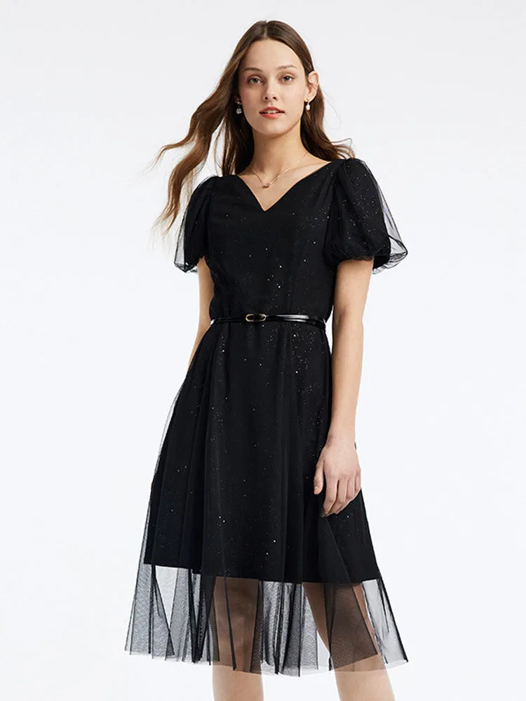 Black V-Neck Mesh Princess Sleeve Midi Dress sold by Goelia