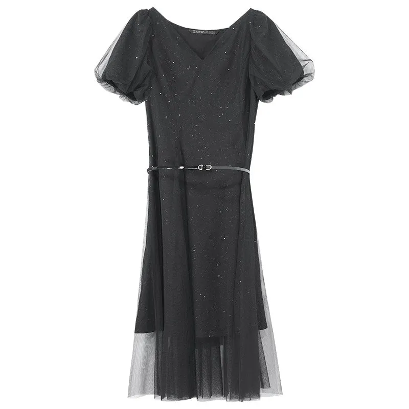 Black V-Neck Mesh Princess Sleeve Midi Dress sold by Goelia product image thumbnail 5