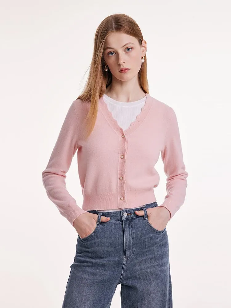 Pink Wool Knit Wavy Front Closure Lady Cardigan sold by Goelia