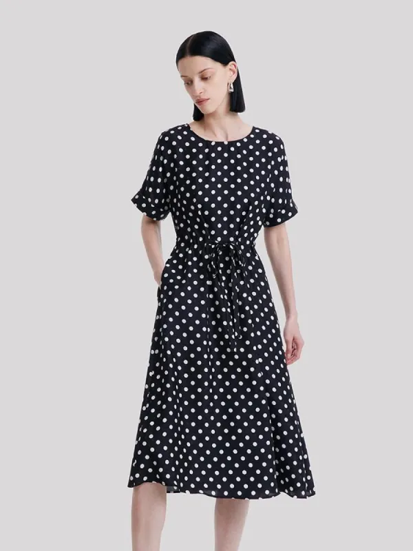 Round Neck Polka Dot Jacquard Silk Midi Dress sold by Goelia