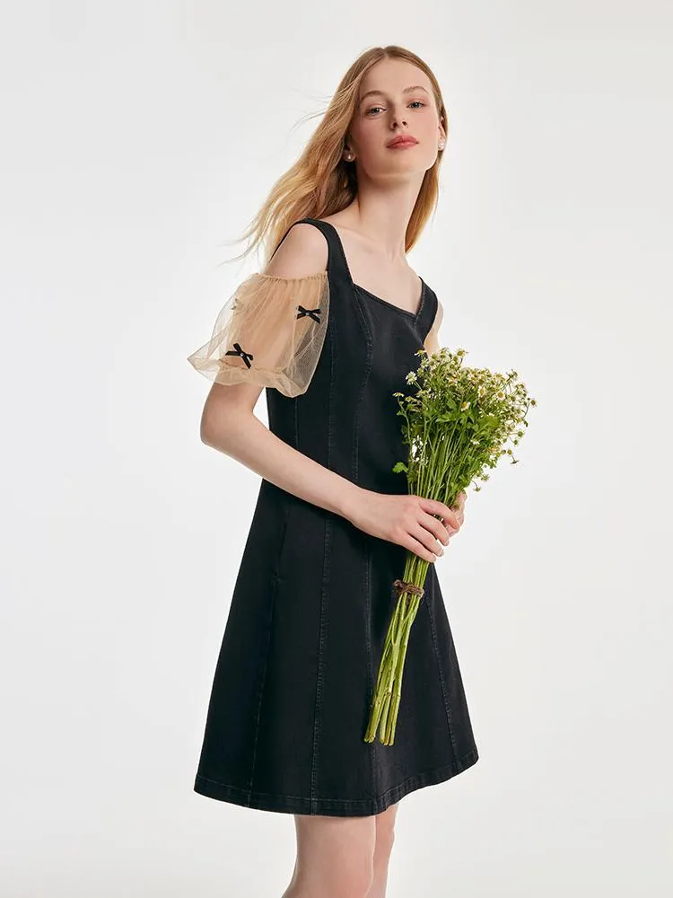 Mesh Sleeve Patchwork Denim Mini Dress sold by Goelia product image thumbnail 5