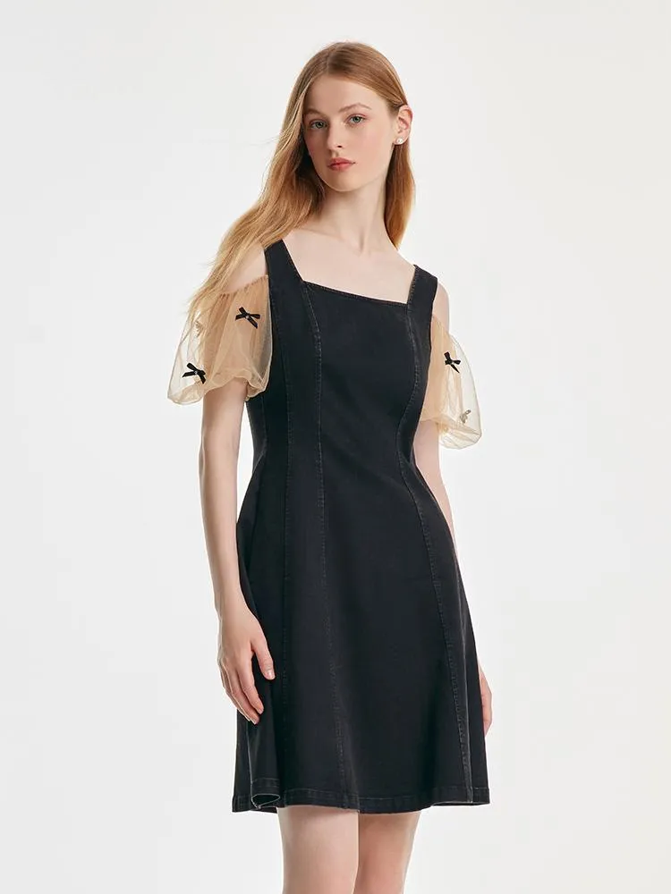 Mesh Sleeve Patchwork Denim Mini Dress sold by Goelia product image thumbnail 3