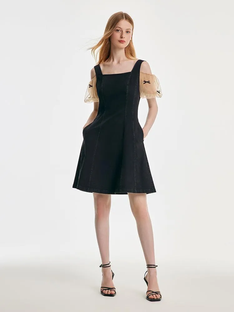 Mesh Sleeve Patchwork Denim Mini Dress sold by Goelia product image thumbnail 2