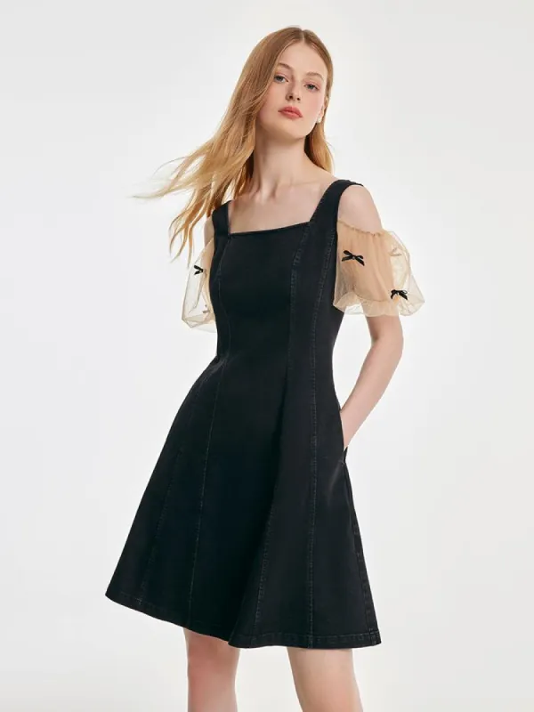 Mesh Sleeve Patchwork Denim Mini Dress sold by Goelia
