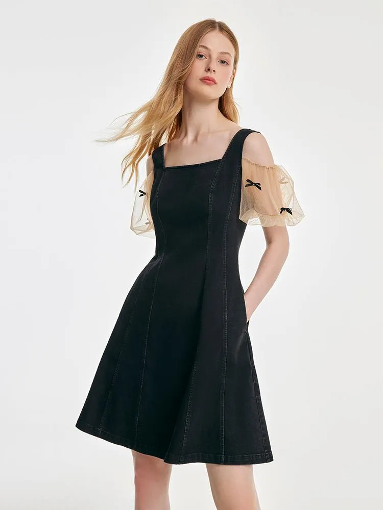 Mesh Sleeve Patchwork Denim Mini Dress sold by Goelia