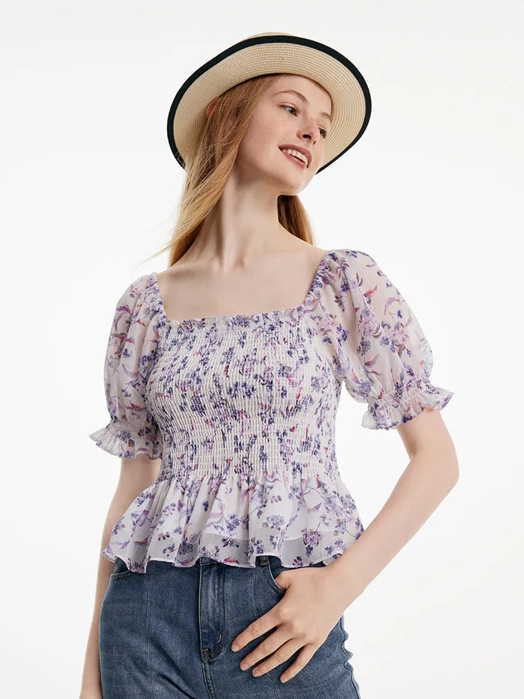 Purple Floral Off Shoulder Ruffle Blouse sold by Goelia product image thumbnail 4