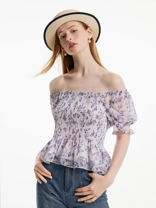 Purple Floral Off Shoulder Ruffle Blouse sold by Goelia