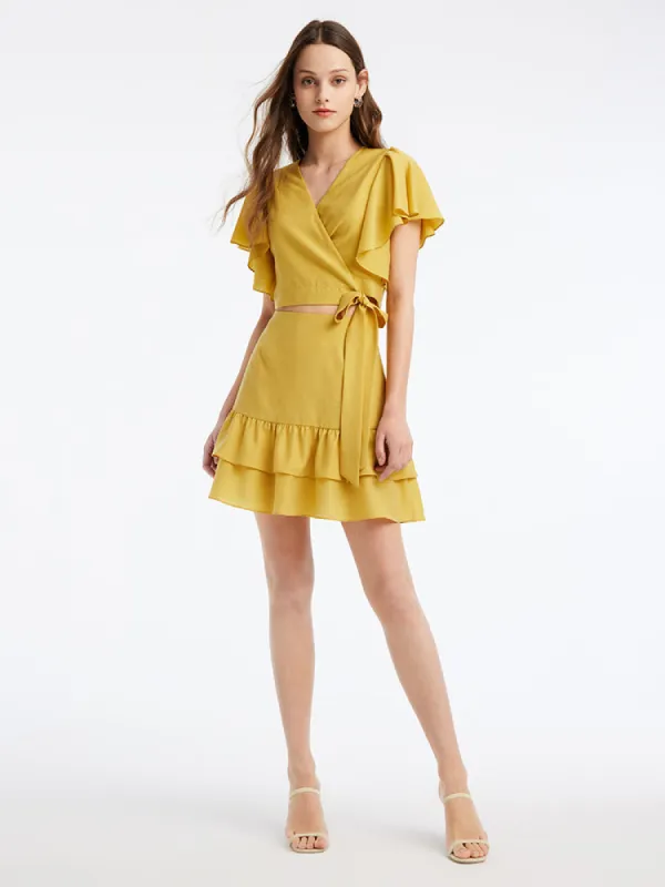 Acetate Ruffle Sleeve Women Blouse And Skirt Two-Piece Set sold by Goelia