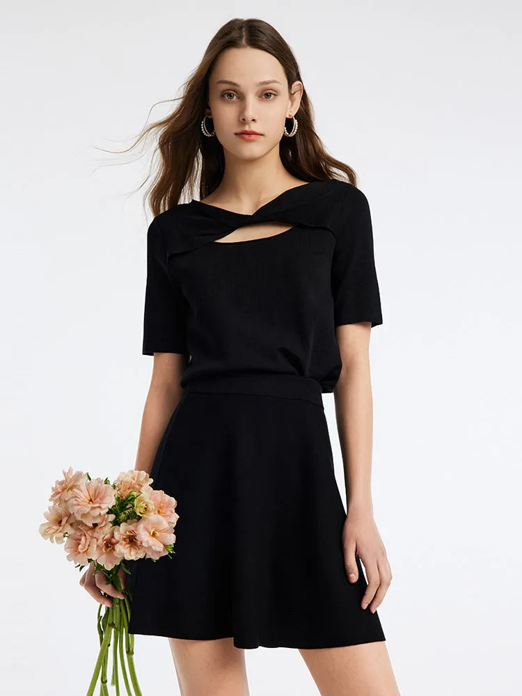 Tencel Mulberry Silk Woolen Top And A Line Mini Skirt Two-Piece Set sold by Goelia