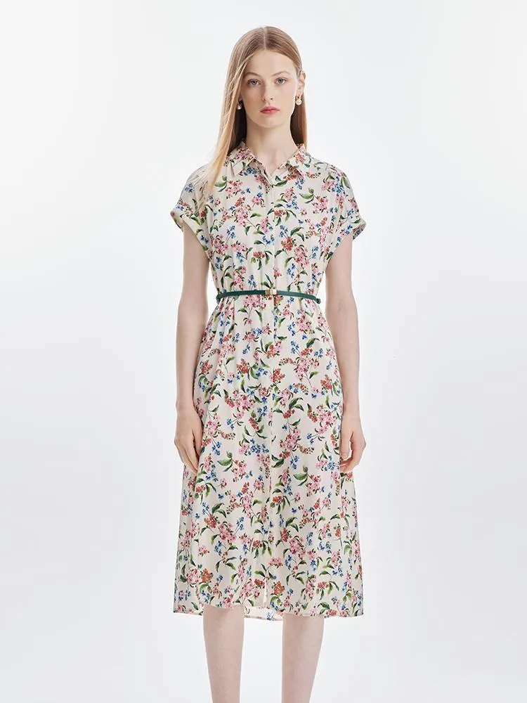 19 Momme Silk Print Midi Dress With Belt sold by Goelia