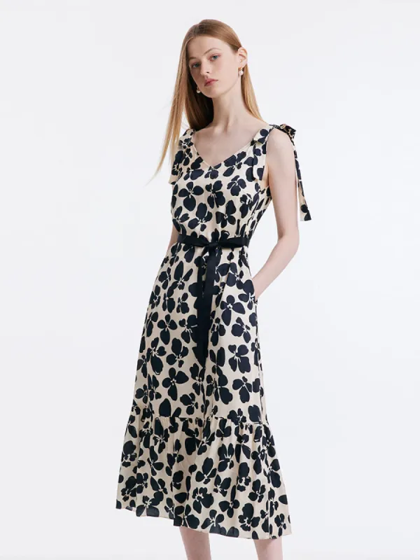 Black Floral Tie-Strap Midi Dress sold by Goelia