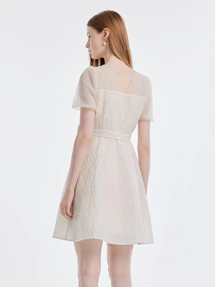 V-neck Mesh Patchwork Jacquard Mini Dress With Belt sold by Goelia product image thumbnail 5