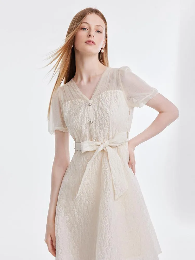 V-neck Mesh Patchwork Jacquard Mini Dress With Belt sold by Goelia product image thumbnail 3