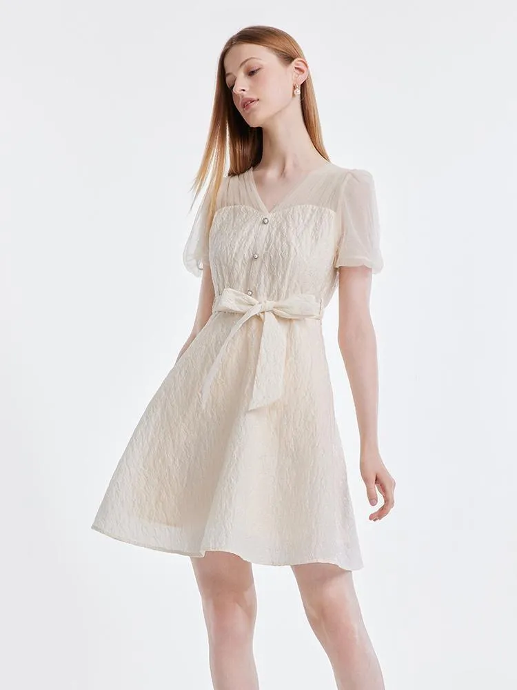 V-neck Mesh Patchwork Jacquard Mini Dress With Belt sold by Goelia product image thumbnail 4