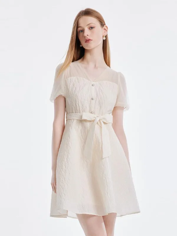 V-neck Mesh Patchwork Jacquard Mini Dress With Belt made by Goelia