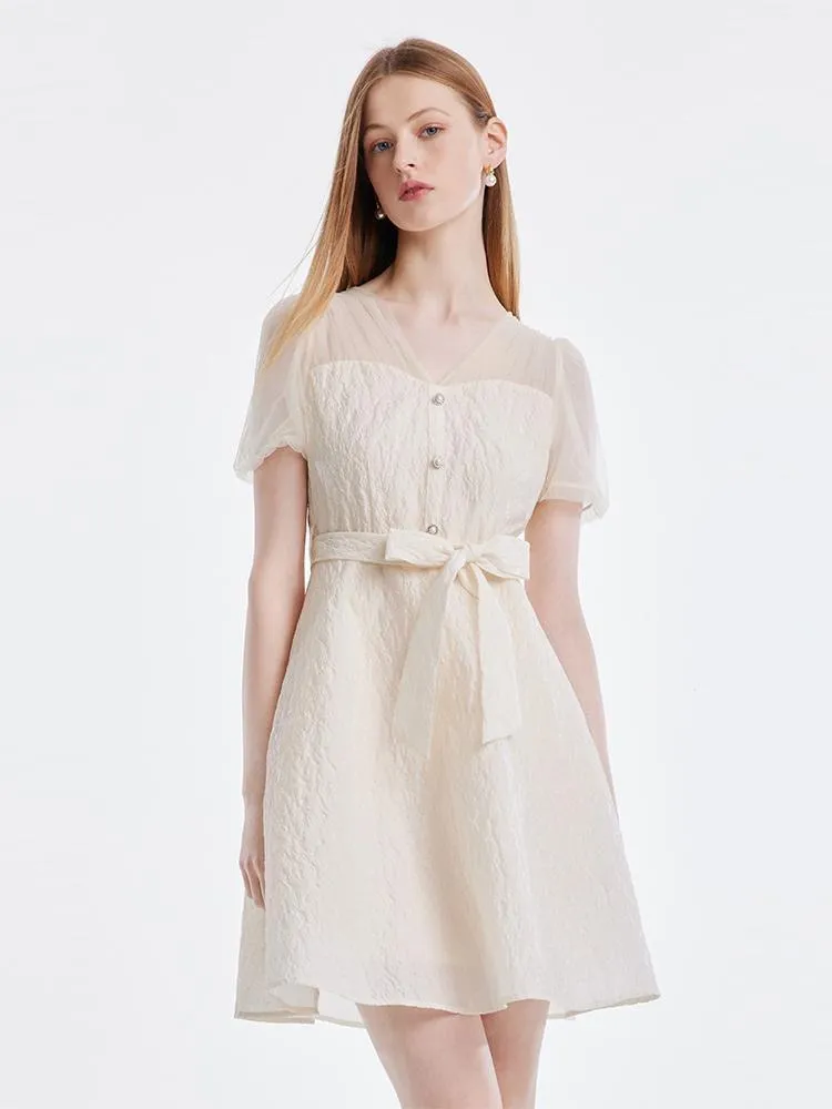 V-neck Mesh Patchwork Jacquard Mini Dress With Belt sold by Goelia