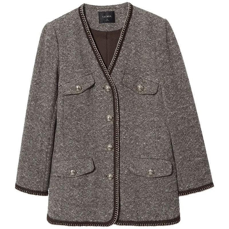 Brown Wool Single-Breasted Women Jacket sold by Goelia product image thumbnail 5