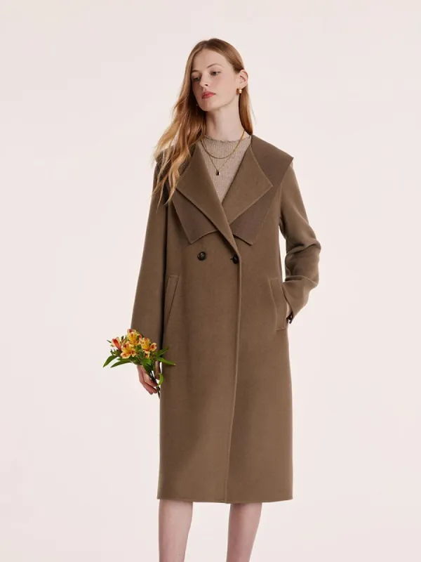 Coffee Tencel Wool Navy Collar Women Coat sold by Goelia