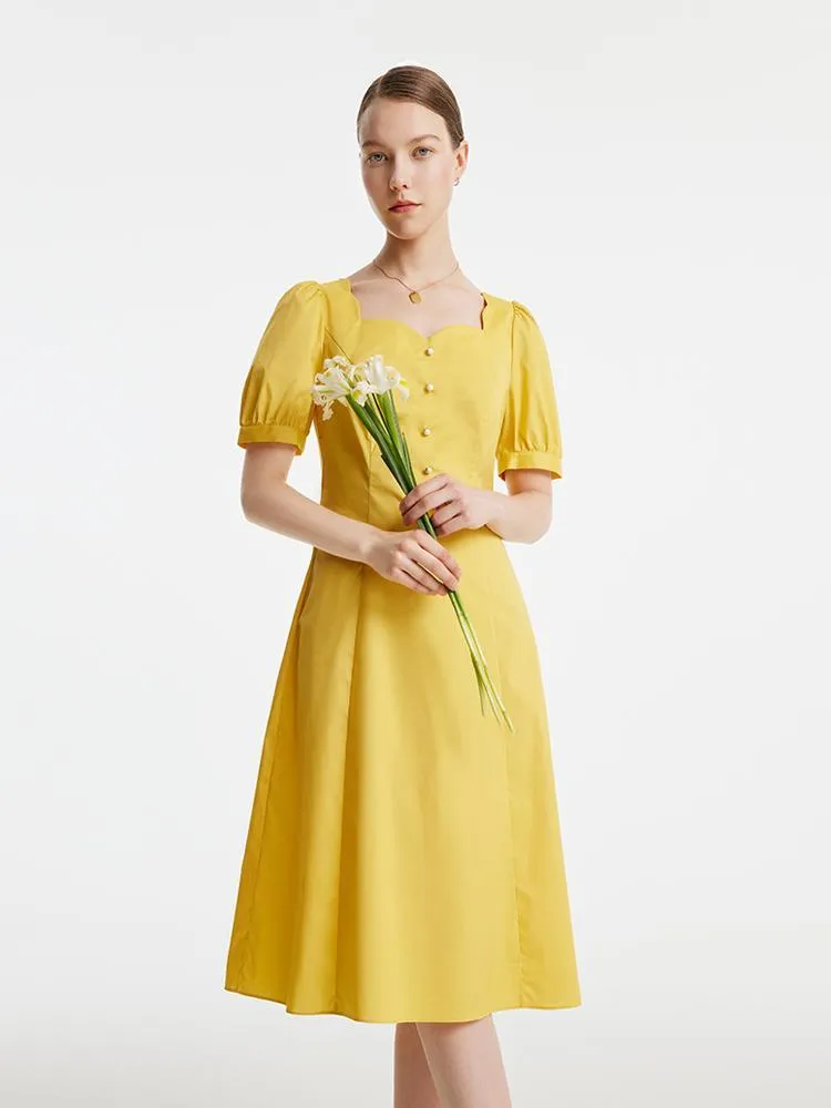 Yellow Square Neck Cotton Midi Dress sold by Goelia
