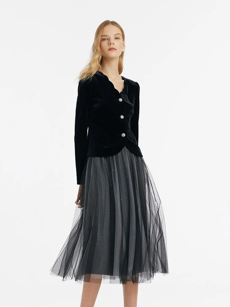 V-Neck Velvet Top And Tulle Skirt Two-Piece Set sold by Goelia product image thumbnail 3