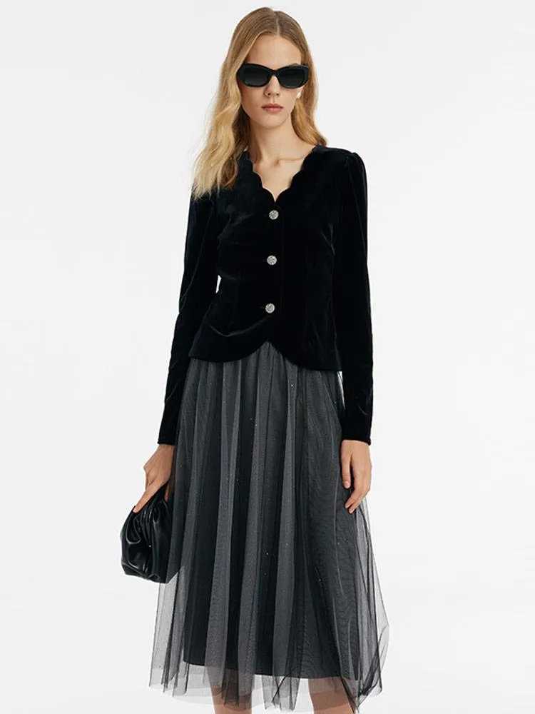 V-Neck Velvet Top And Tulle Skirt Two-Piece Set sold by Goelia