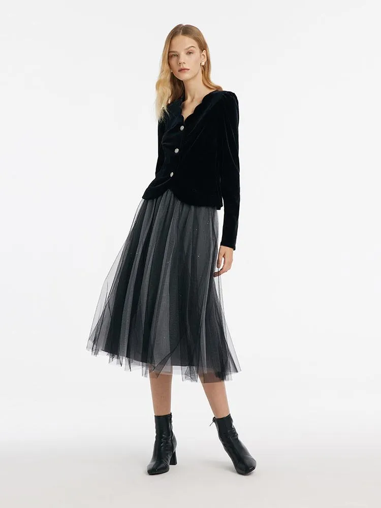 V-Neck Velvet Top And Tulle Skirt Two-Piece Set sold by Goelia product image thumbnail 2