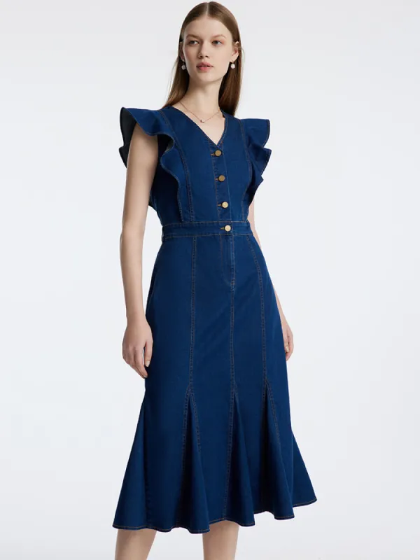 Denim Blue Ruffle Sleeveless Fishtail Midi Dress sold by Goelia