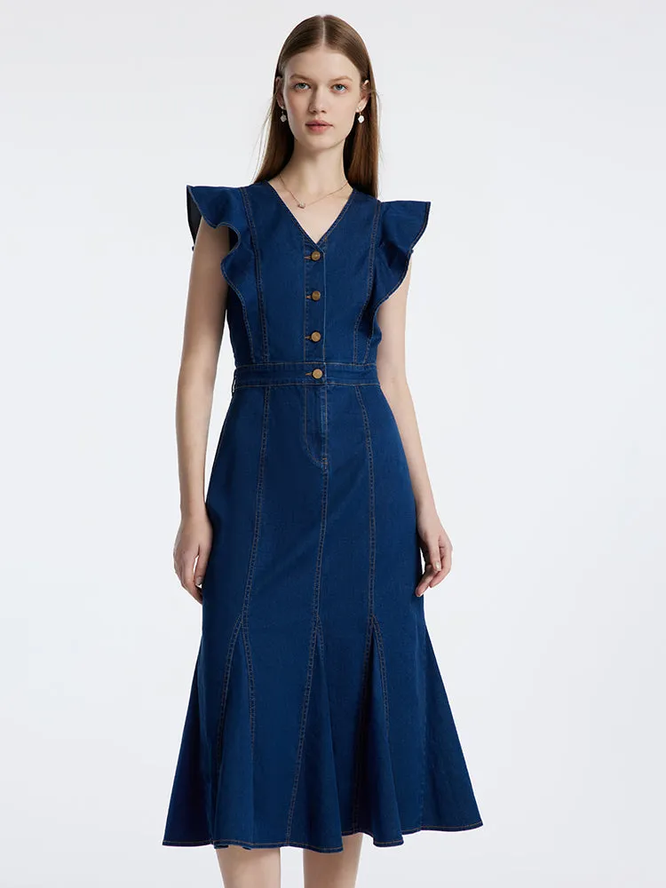 Denim Blue Ruffle Sleeveless Fishtail Midi Dress sold by Goelia product image thumbnail 2
