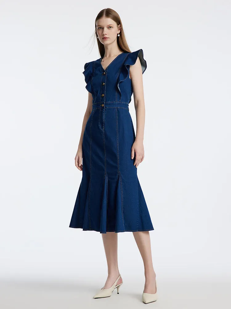 Denim Blue Ruffle Sleeveless Fishtail Midi Dress sold by Goelia product image thumbnail 3