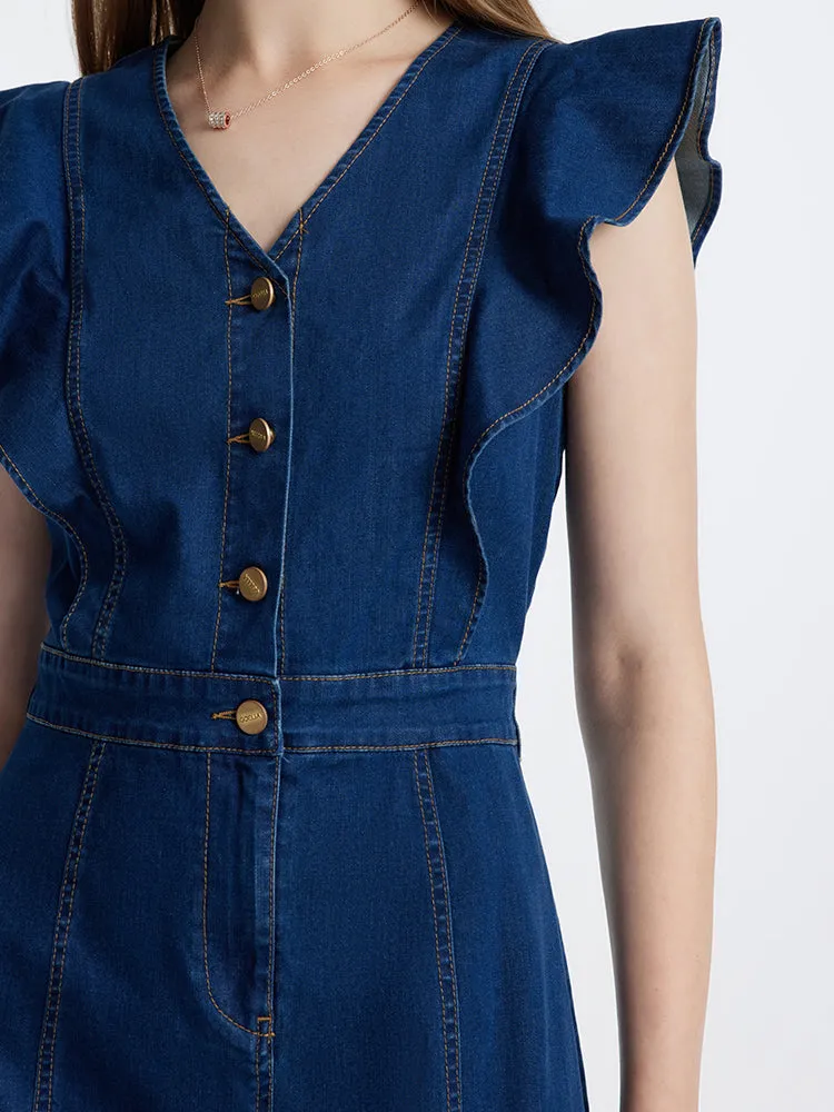 Denim Blue Ruffle Sleeveless Fishtail Midi Dress sold by Goelia product image thumbnail 5