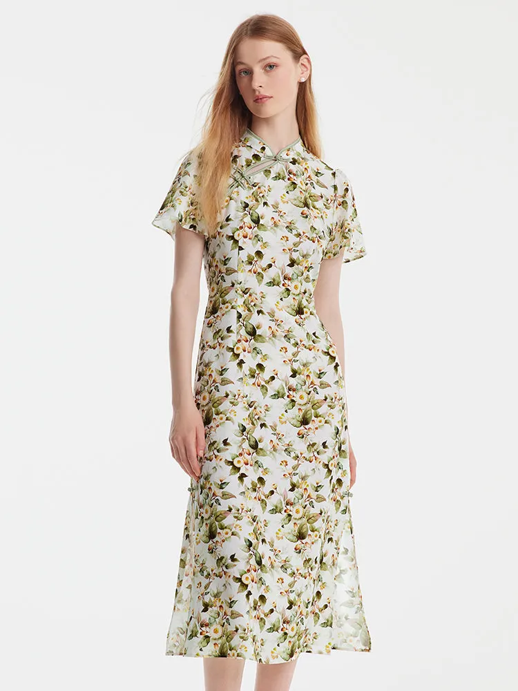 Tencel Linen Floral Cheongsam Qipao Midi Dress sold by Goelia product image thumbnail 2