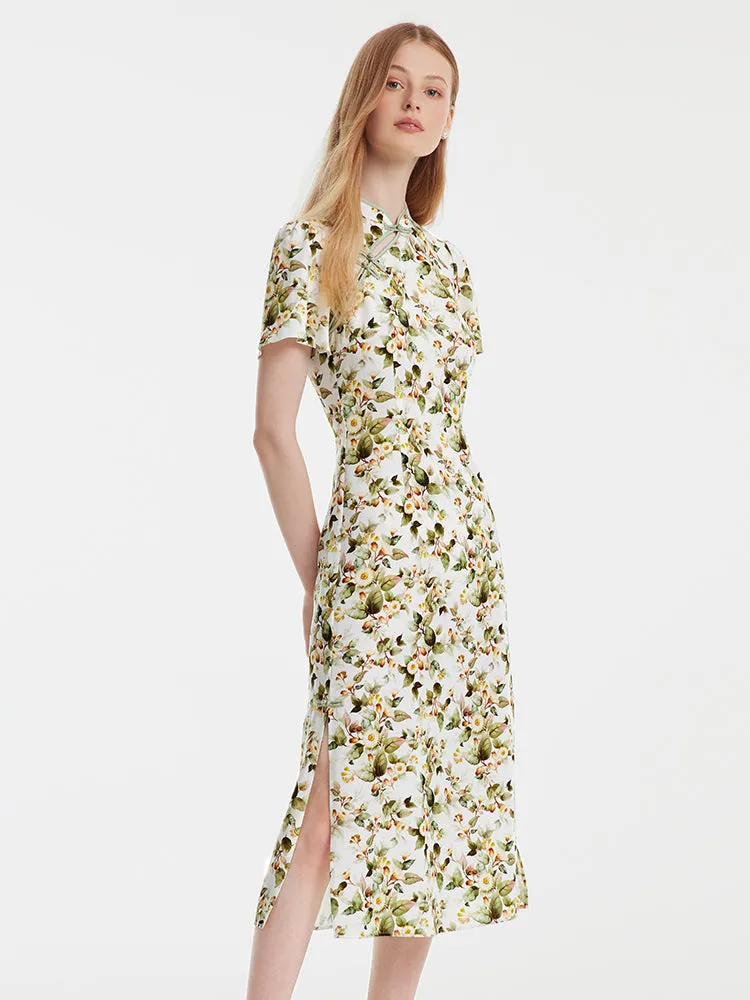 Tencel Linen Floral Cheongsam Qipao Midi Dress sold by Goelia product image thumbnail 4