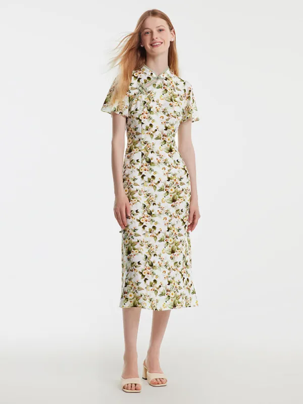 Tencel Linen Floral Cheongsam Qipao Midi Dress sold by Goelia