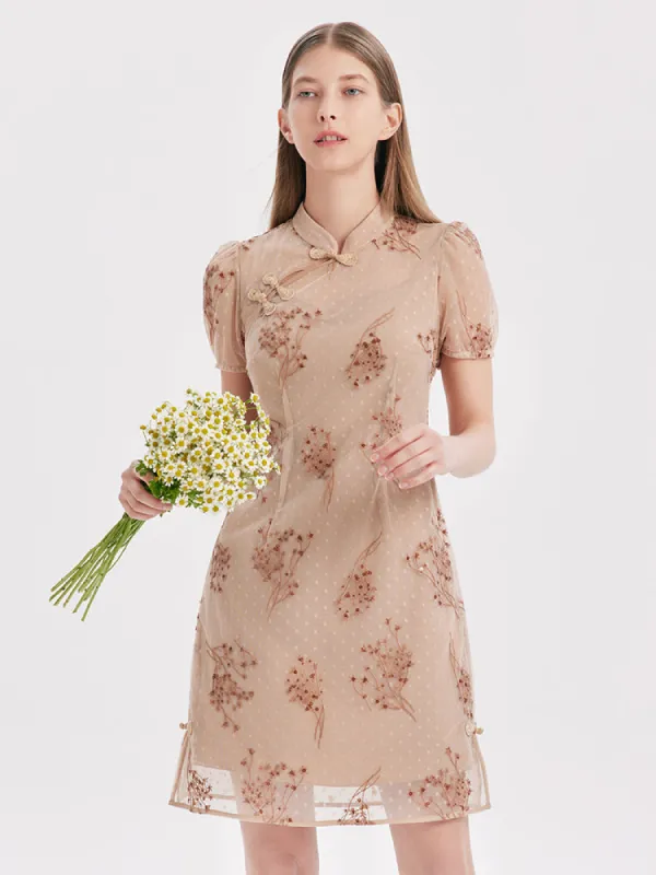Beige Embroidery Cheongsam Qipao Mini Dress sold by Goelia