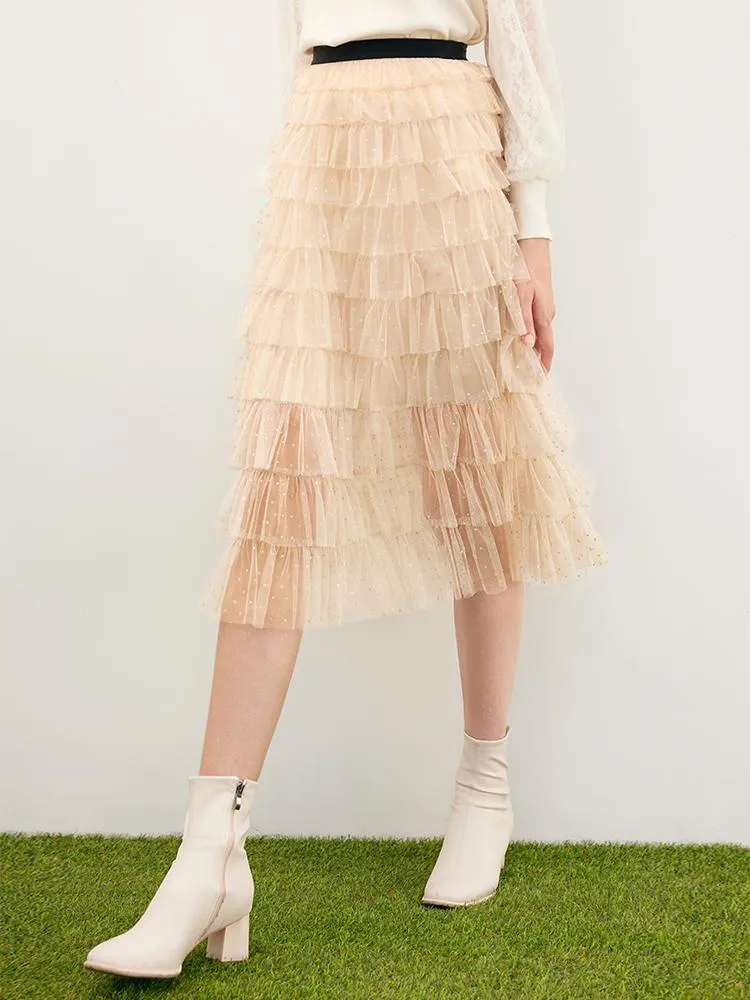 Beige Mesh Layered Skirt sold by Goelia