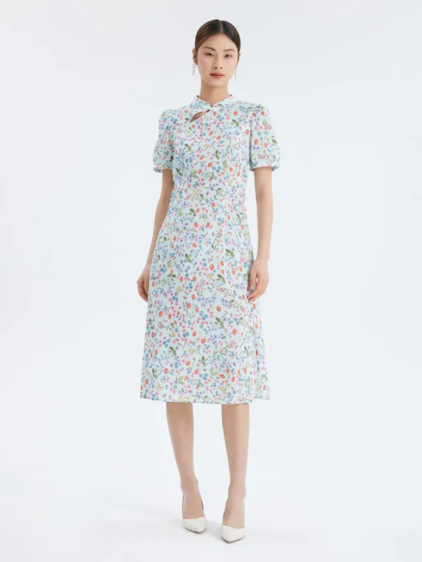 Floral Print Cheongsam Qipao Midi Collared Dress sold by Goelia