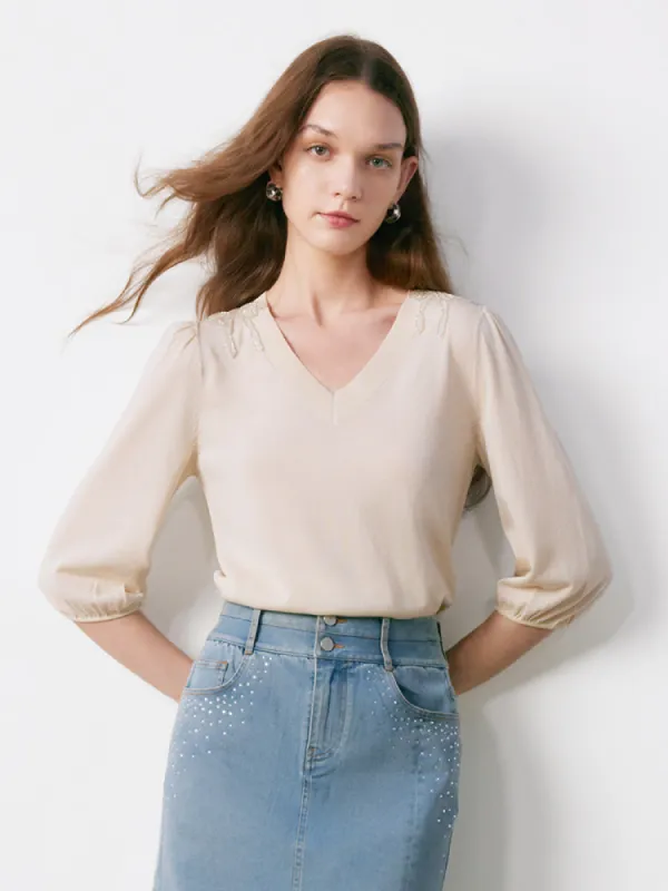 Half-Sleeve V-Neck Blouse sold by Goelia