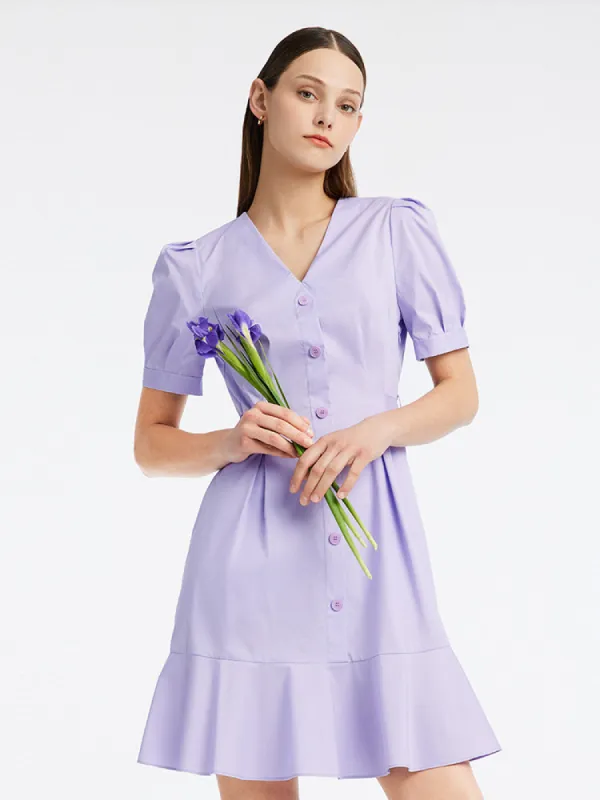 Purple Puff Sleeve Gathered Waist Mini Dress sold by Goelia