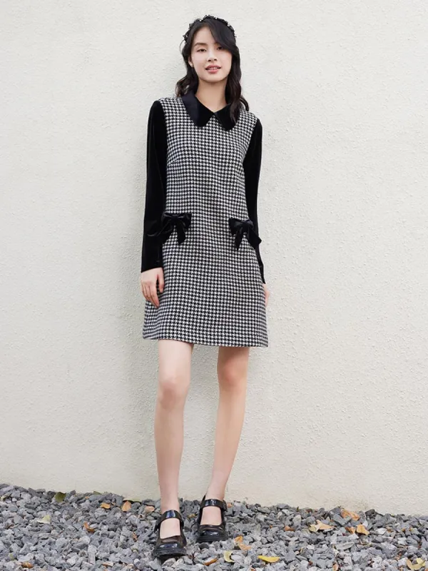 Woolen Houndstooth Bowknot Peter Pan Collar Mini Dress sold by Goelia